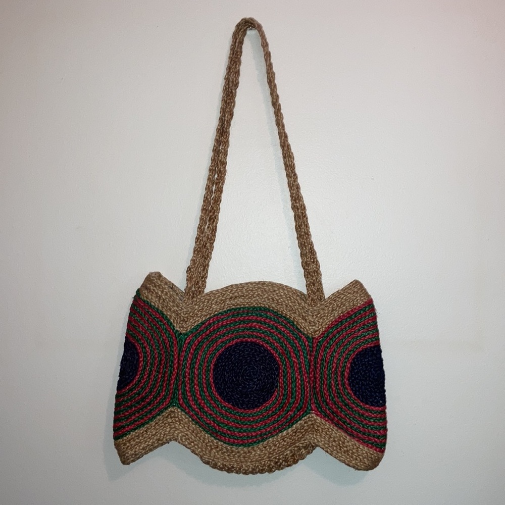 Multicolor Brown Tan Woven Jute Straw Shoulder Bag Purse Red Green Circles